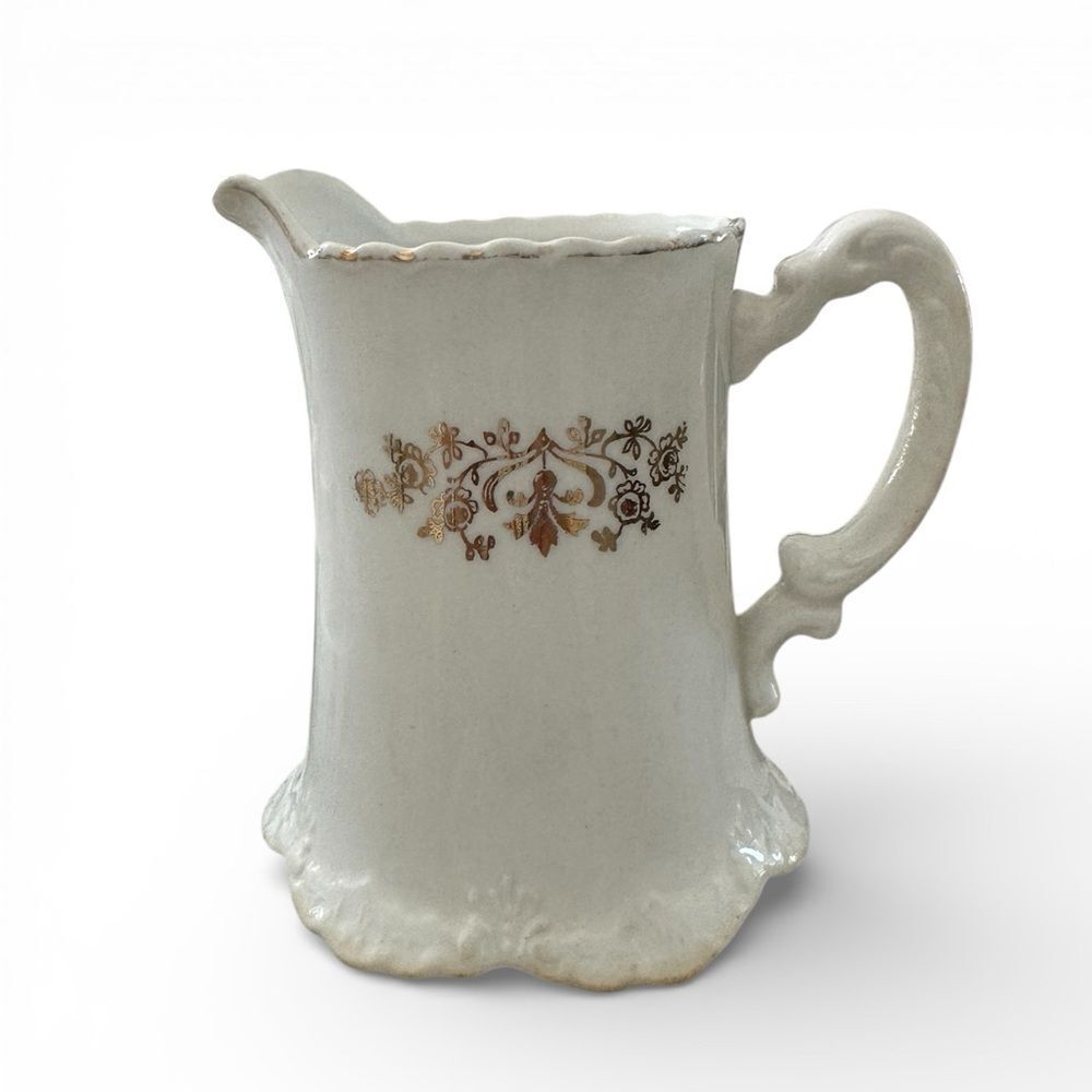 Homer Laughlin Hudson Vintage Creamer Milk Pitcher White Gold Floral 1908-1920